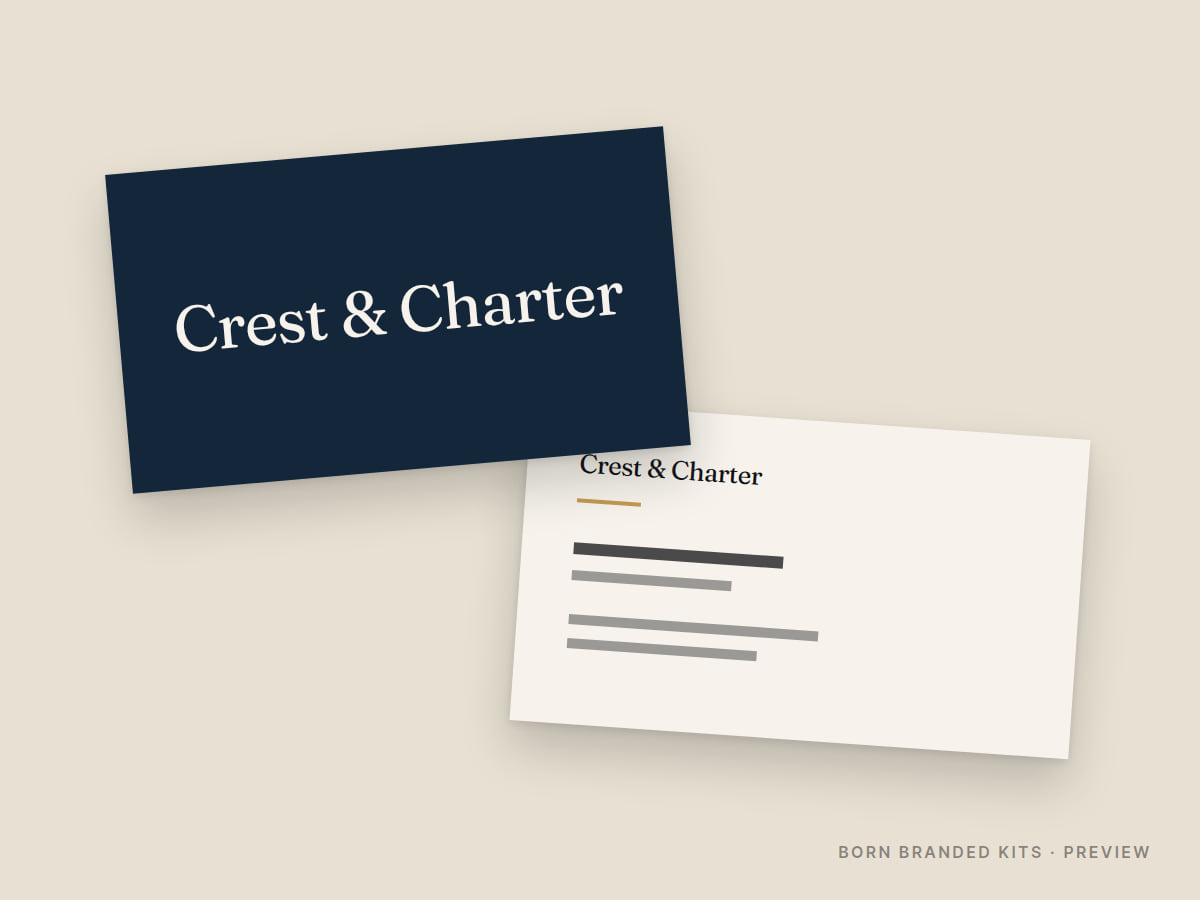 Preview: Crest & Charter business cards, front and back, with placeholder text