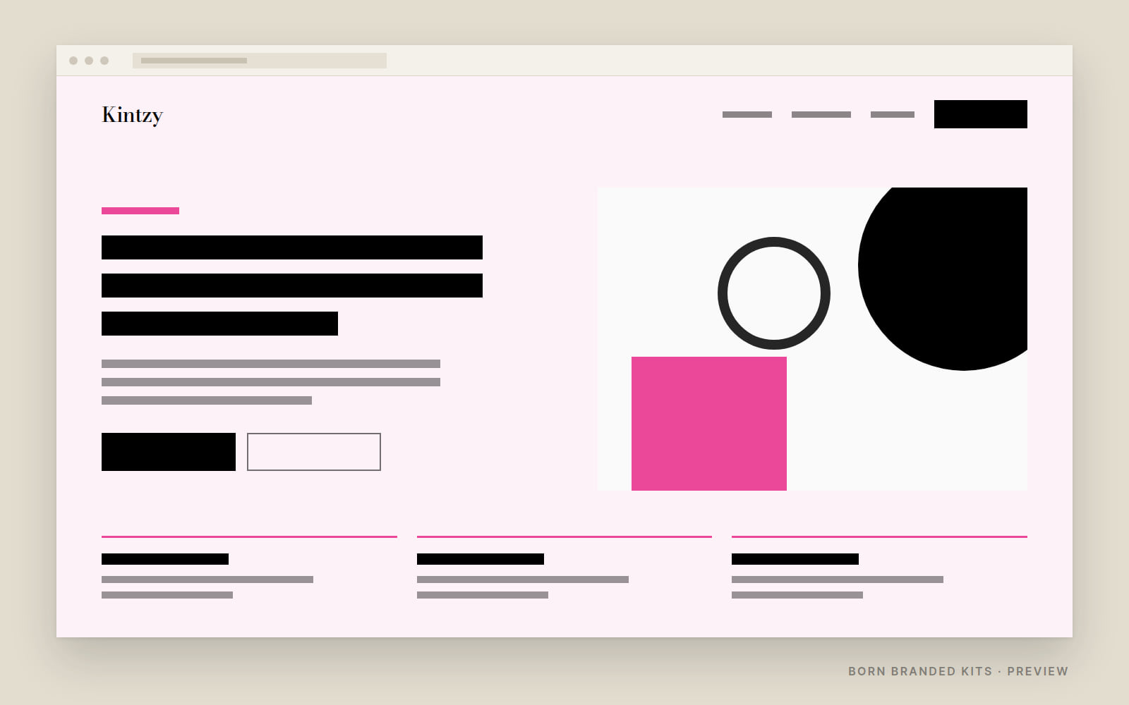 Preview: a one-page website layout in Kintzy's colors, with placeholder text