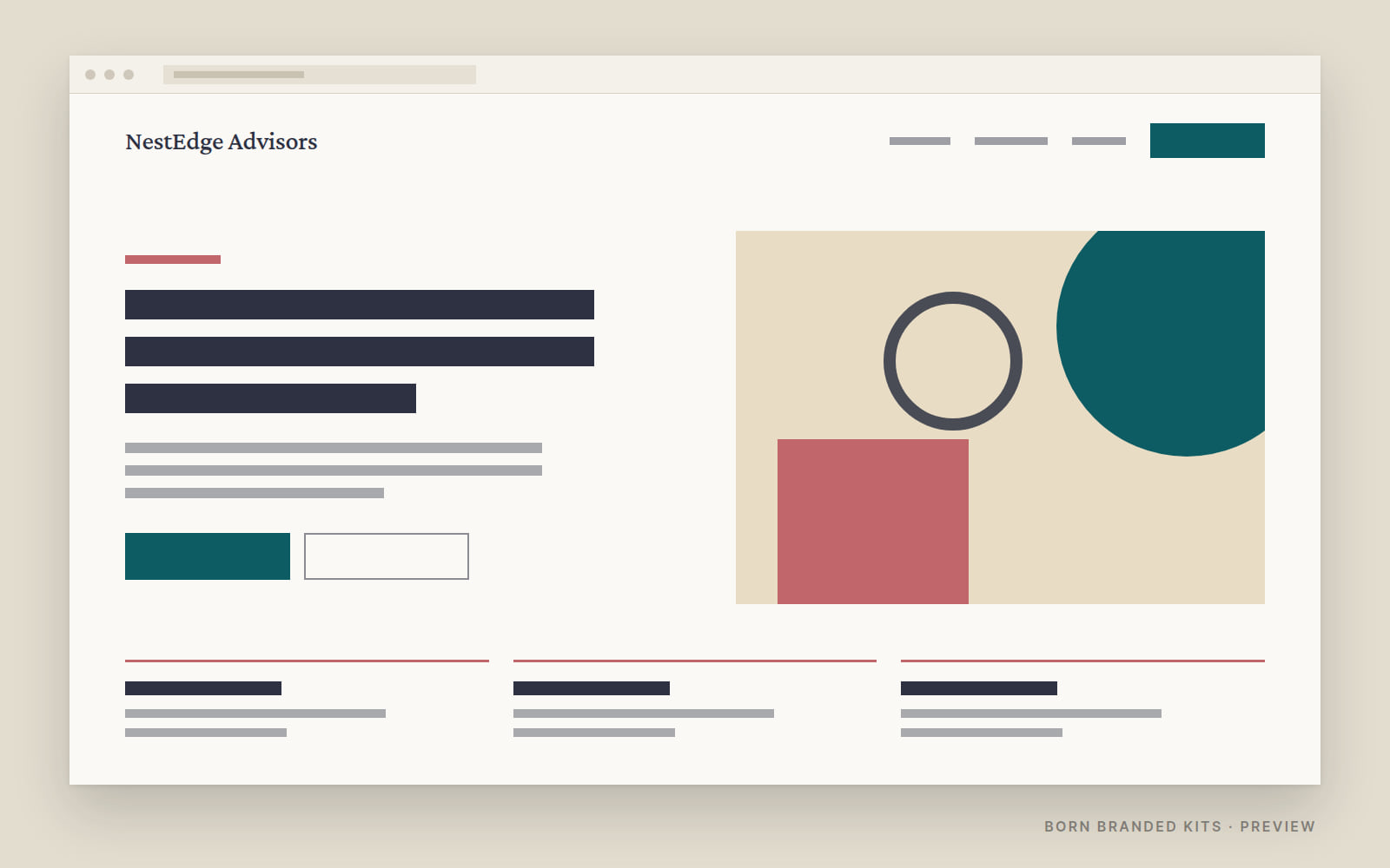 Preview: a one-page website layout in NestEdge Advisors's colors, with placeholder text