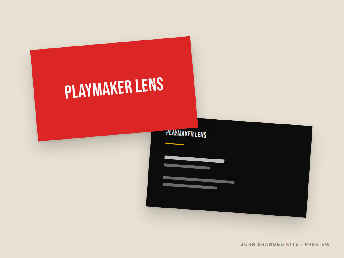 Preview: Playmaker Lens business cards, front and back, with placeholder text
