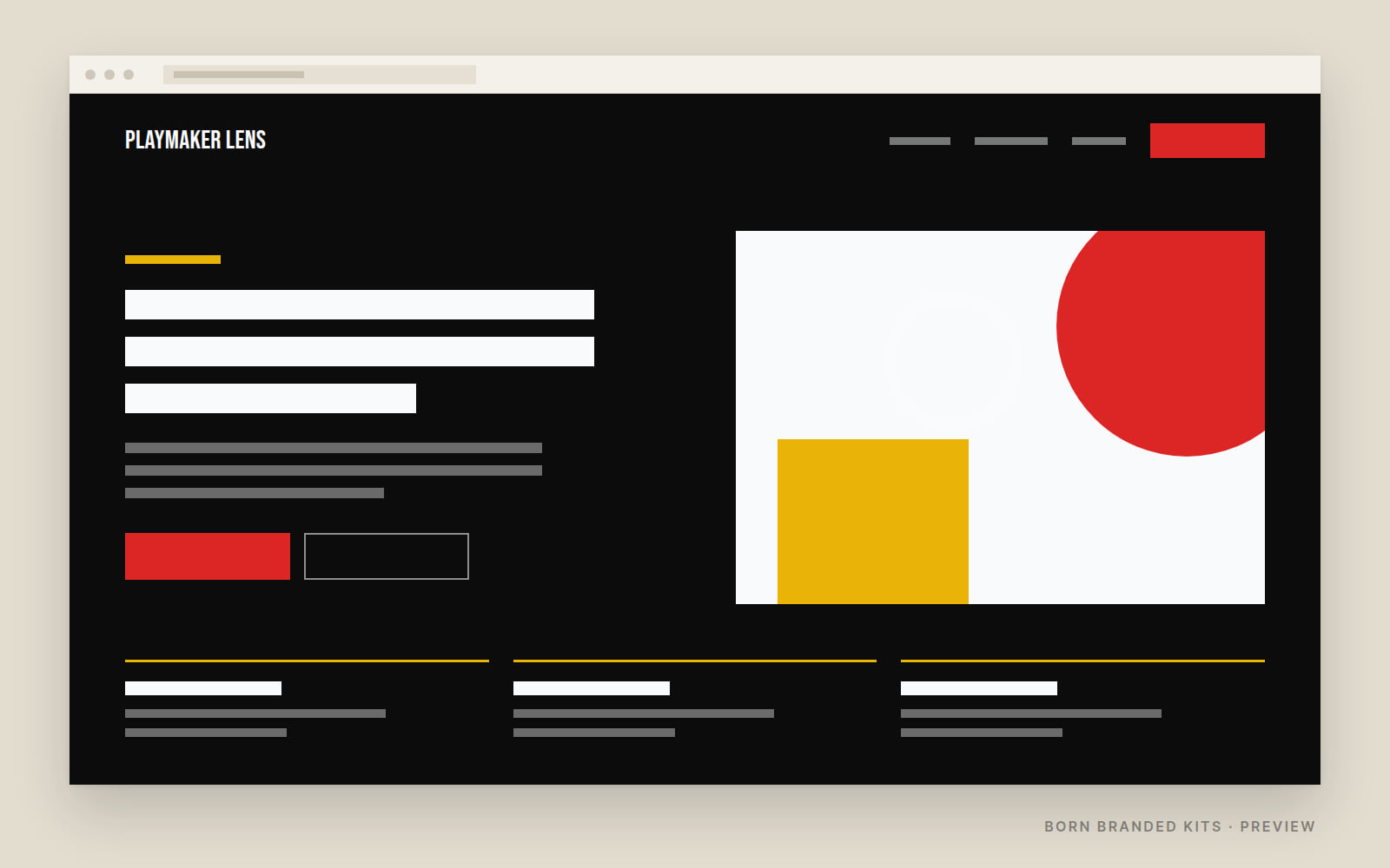 Preview: a one-page website layout in Playmaker Lens's colors, with placeholder text