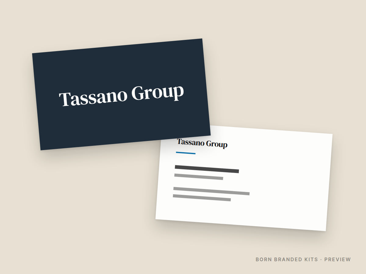 Preview: Tassano Group business cards, front and back, with placeholder text