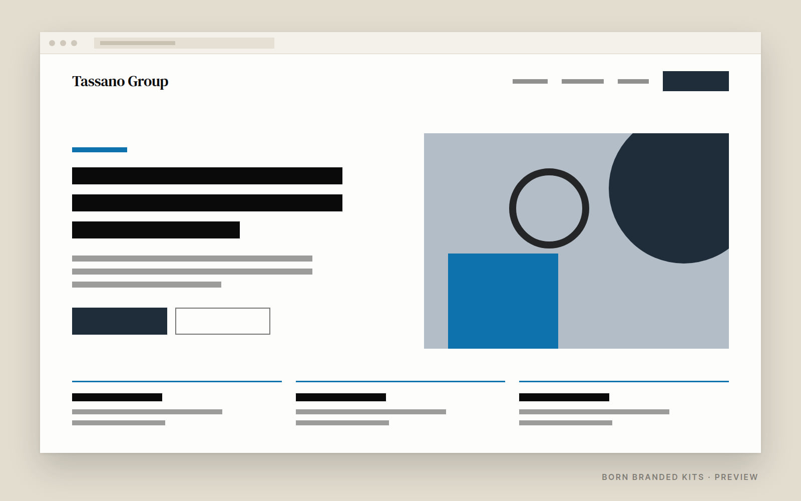 Preview: a one-page website layout in Tassano Group's colors, with placeholder text