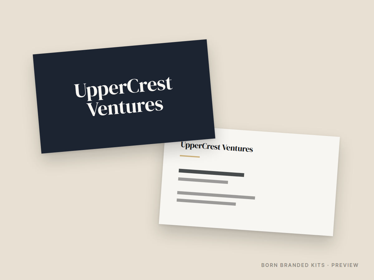 Preview: UpperCrest Ventures business cards, front and back, with placeholder text