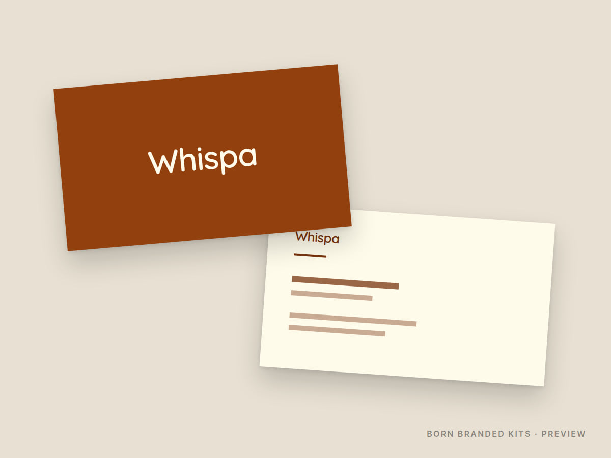 Preview: Whispa business cards, front and back, with placeholder text