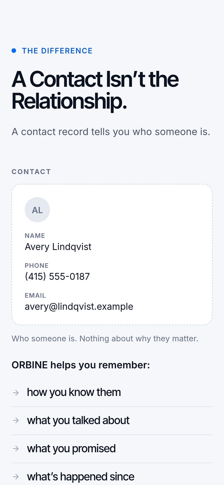 The orbine.app “A Contact Isn’t the Relationship.” section at mobile width, with a fictional contact card.