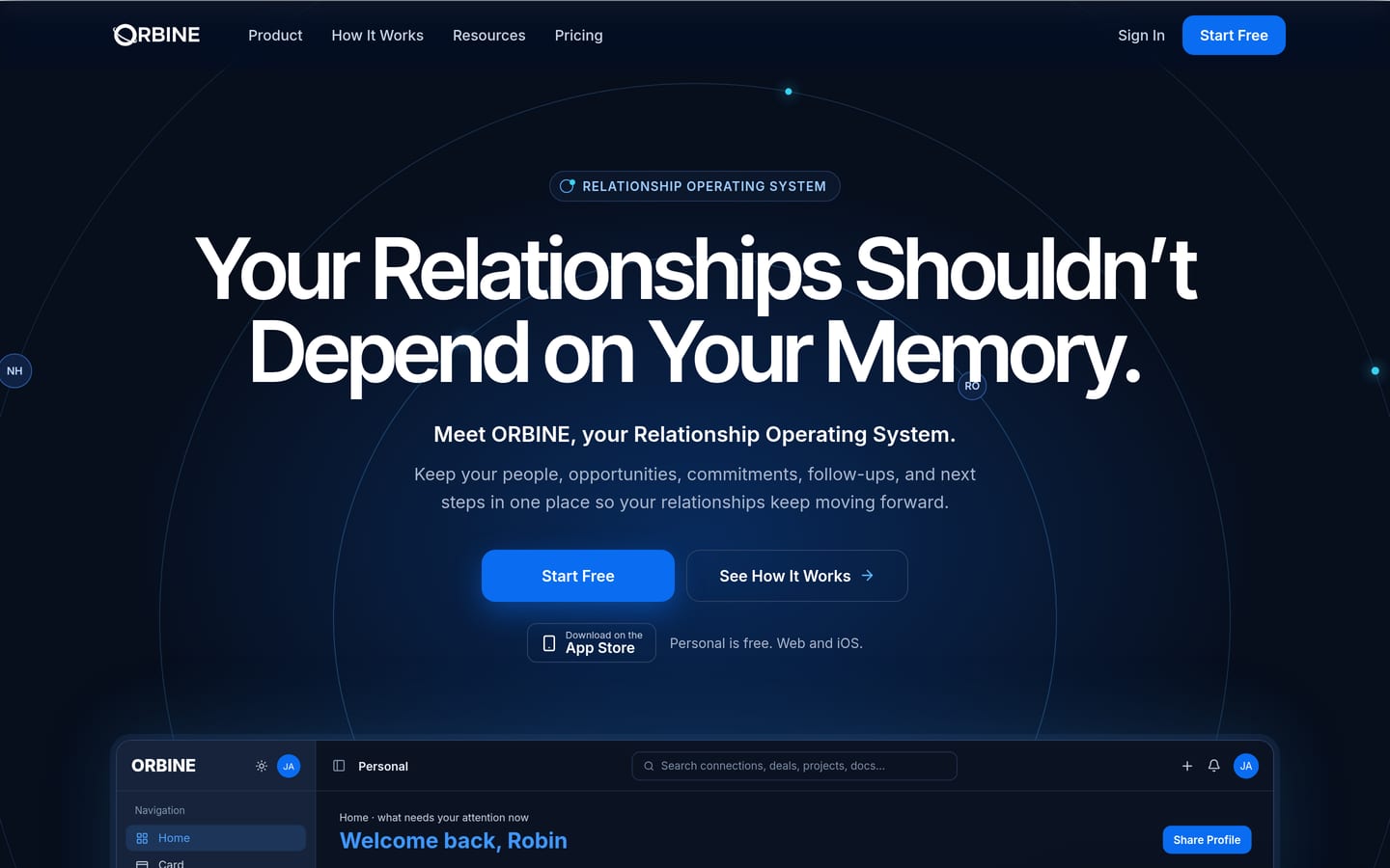 The orbine.app homepage: the headline “Your Relationships Shouldn’t Depend on Your Memory.” above the ORBINE app’s home screen, shown with fictional demo data.